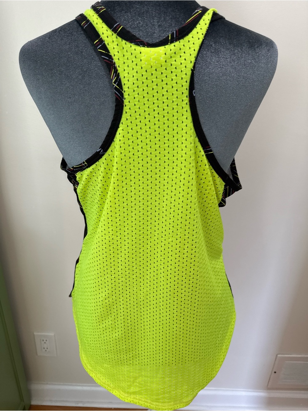 Zumba Fitness Neon Yellow Mesh Top with Black Trim and Multicolor Stripe Detail - Picture 9 of 13